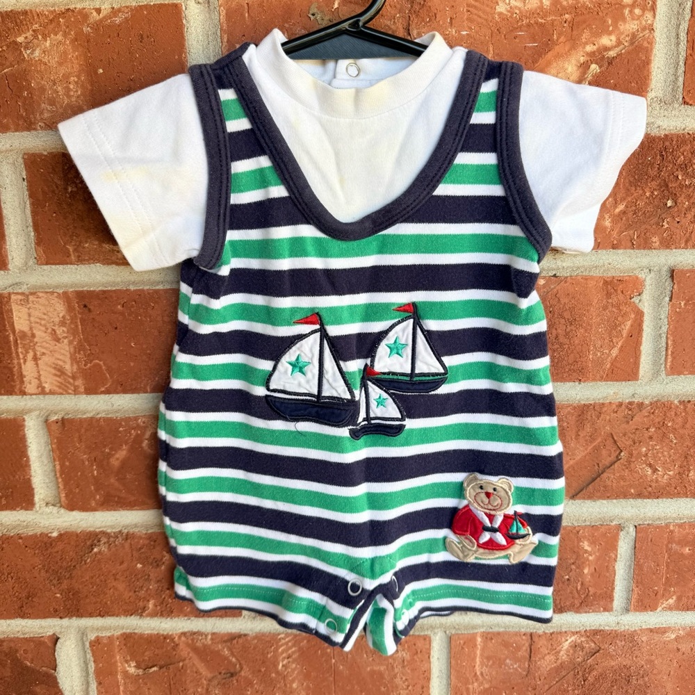Vtg class club babyStriped Baby Romper with Sailboat Appliqué - Green Navy White